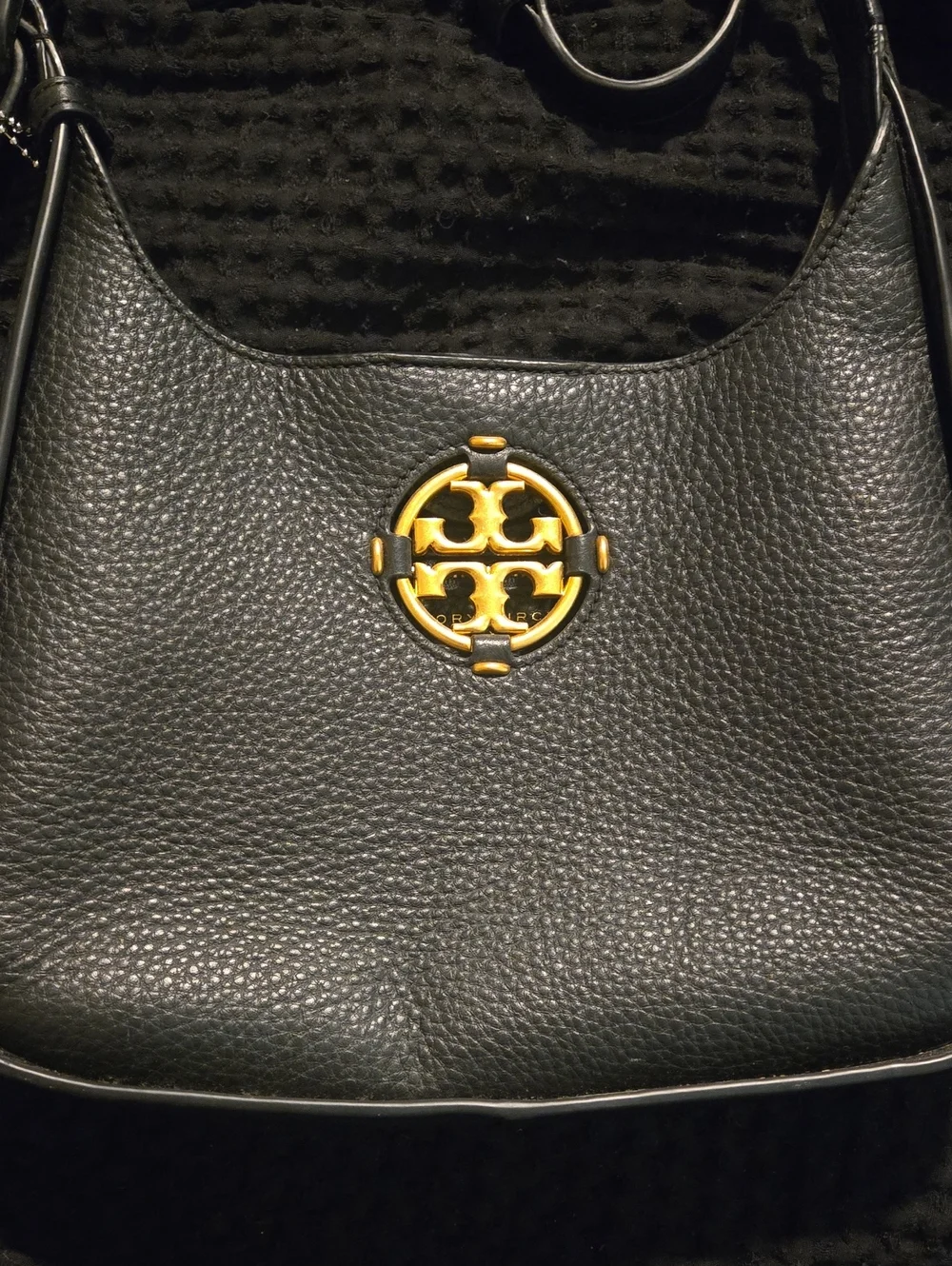 Tory Burch Black Pebbled Leather Shoulder Hobo with Gold Emblem